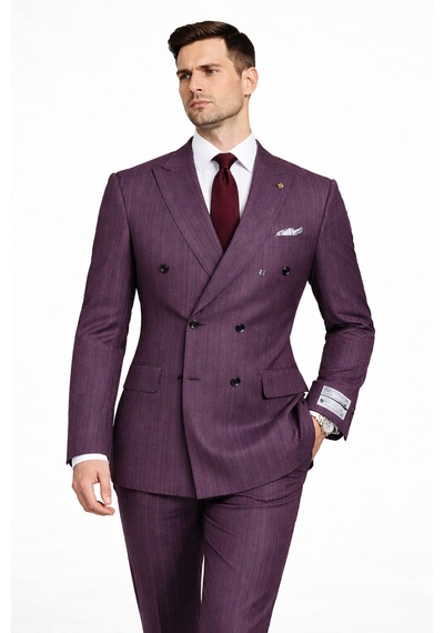 Fabıo Cassel Çizgili Kruvaze Erkek Takım Elbise Slim Fit Bordo