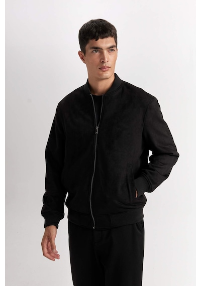Defacto Slim Fit Dar Kesim Süet Kolej Yaka Fermuarlı Çift Cepli Mevsimlik Baharlık Bomber Mont Ceket A3866AX Siyah