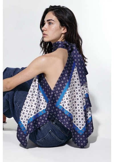 Hiccup Halter Yaka Saten Fular Top Mavi