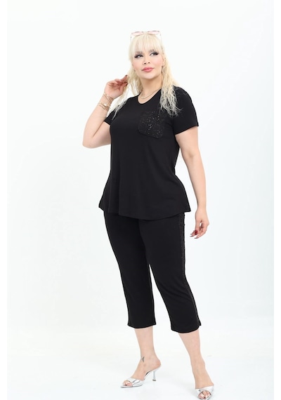 Kısmet Sepeti Kadın Siyah Taş Detaylı Kapri Ve Tshirt Şık Viskon Penye Alt Üst Takım Siyah Simli Paça Kısmet Sepeti Kadın Siyah Taş Detaylı Kapri Ve Tshirt Şık Viskon Penye Alt Üst Takım Siyah Simli Paça
