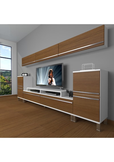 Decoraktiv Ekoflex 9 Mdf Krom Ayaklı Tv Ünitesi Tv Sehpası Beyaz - Ceviz