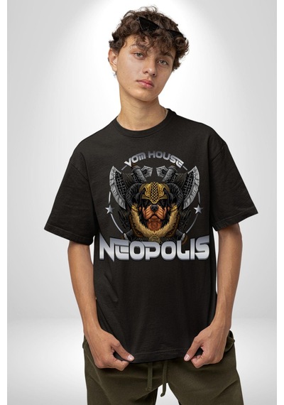 Neopolis Rottweiler Viking Pamuklu Bisiklet Yaka Unisex Oversize Boyfriend Dijital Baskılı Siyah T-shirt Siyah