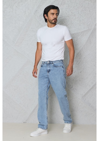 Blayn Jeans Erkek Antrasit Baggy Kot Pantolon - Geniş Kalıp Günlük Rahat Denim Jean Toz Mavi