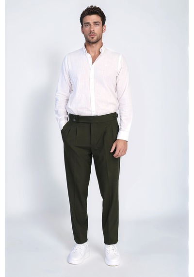 Haki Çift Pileli Tokalı Yüksek Bel Slim Fit Pantolon Wessi Yeşil