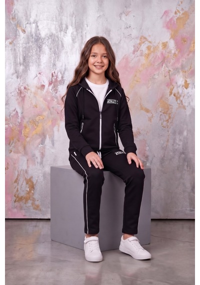 Pina Kids Kız Çocuk Atheletic Reglan Kol Kapüşonlu Düz Paça Dalgıç Kumaş Eşofman Takımı Esf7018 siyah
