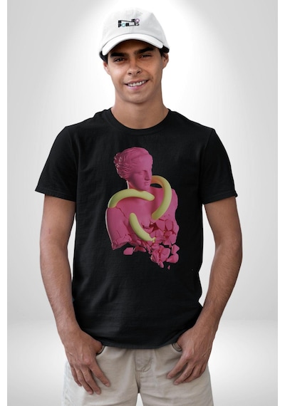 Pop Art Yaratıcı Heykel Pembe Unisex Unisex Siyah Organik Baskılı T-shirt Penye Yüksek Kalite Siyah