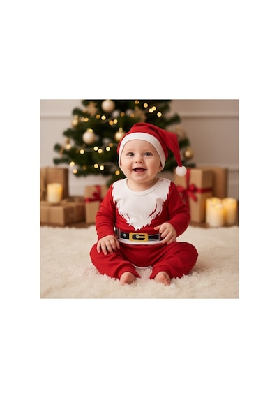 Babysena Noel Baba Kostümü Baskılı Bebek 3'lü Takım Kırmızı