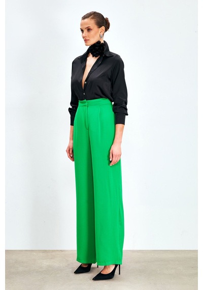 Sateen Pileli Krep Pantolon - Yeşil