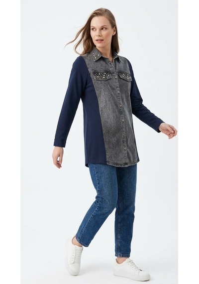 Stormwear Çift Kumaş Detaylı Taşlı Denim Gömlek Lacivert