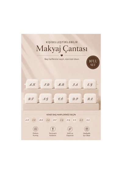 Beyaz Kişiye Özel Harf Nakışlı 10'lu Pamuklu Hediyelik Kadın Makyaj Kozmetik Ve Seyahat Çantası Seti Beyaz - 903998512