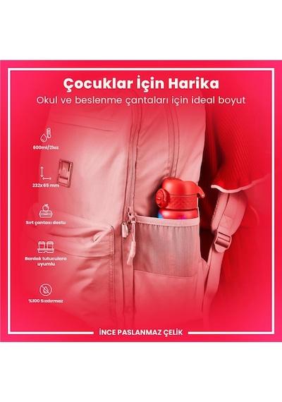 Ion8 - Paslanmaz Çelik İnce Suluk - Kırmızı Unicorn - 600 Ml - Sızdırmaz Çok Renkli