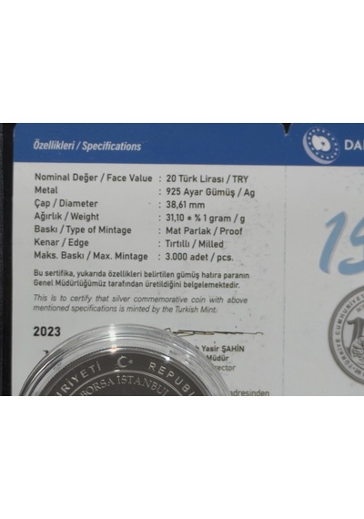 2023 Borsa İstanbul Un 150. Yılı 20 Türk Lirası 925 Ayar Gümüş Proof Sertifikalı