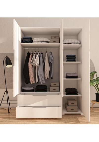 Flora 3 Kapaklı 2 Çekmeceli Gardırop Beyaz Elbise Dolabı