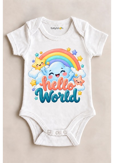Babylimon Hello World Beyaz Kısa Kollu Çıtçıtlı Bebek Zıbını Beyaz - 930083889 Beyaz