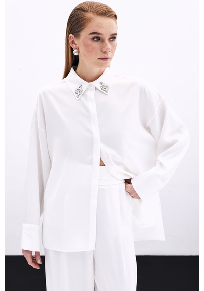 Sateen Aksesuar Detaylı Gömlek - Ekru-135824 Ekru