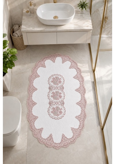 Pudra İşlemeli Kaymaz Deri Tabanlı Oval Banyo Paspası Güpürlü Yıkanabilir Banyo Takımı Liana Beyaz