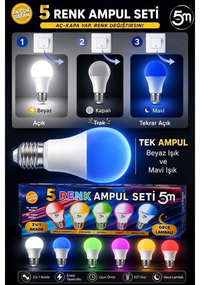 5 Adet Çocuk Odası Gece Lambası Akıllı Gece Lambalı Led Ampul 11w Beyaz +renkler Tasarruflu Çift Mod