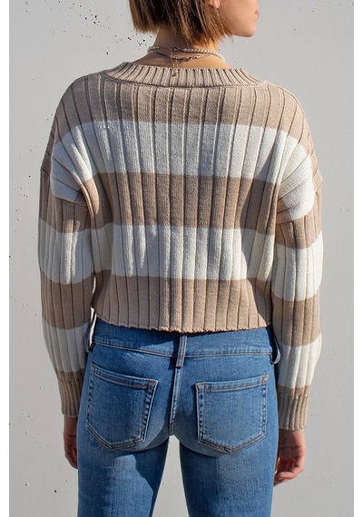 Madmext Bej V Yaka Çizgili Crop Kadın Kazak Mg1441 - Bej