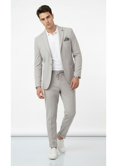 Pike Kumaş Jogger Pantolonlu Erkek Takım Elbise Torba Cepli Tek Düğme Slim Fit Kombin Gri