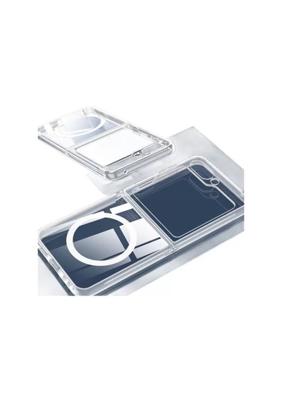 Vendas Galaxy Uyumlu Z Flip 7 Kılıf M-safe Şarj Özellikli Şeffaf Sert Pc Zore Embos Kapak + Kamera Lens + Nano Ekran Koruyucu Şeffaf