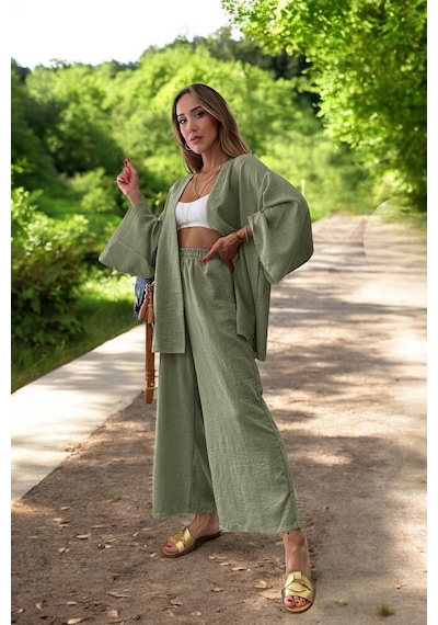 Yazlık Rahat Kimono Keten Takım Haki