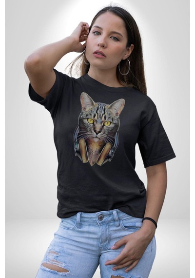 Kulaklık Kedi Unisex Unisex Siyah Organik Baskılı T-shirt Penye Yüksek Kalite Siyah