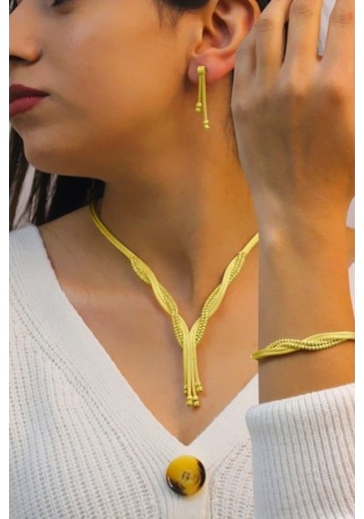 Dorika Model El Işi Gerdanlıklı Gümüş Takım (Altın Kaplama) 20102