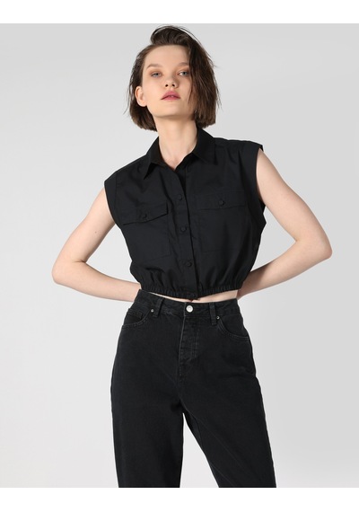 Colin's Regular Fit Cepli Crop Siyah Kadın Kısa Kol Gömlek CL1063852_Q1.V1_BLK