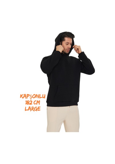Pxm 3 Iplik Şardonlu Oversize Hoodie Kapüşonlu Ve Kanguru Cepli Siyah Siyah