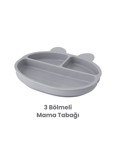 3'lü Silikon Beslenme Seti Bpa Free, Silikon Mama Önlüğü + Vakumlu 3 Gözlü Tabak + 2 Adet Kaşık