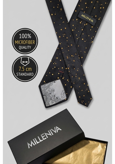Milleniva Gece Desenli Siyah Gold Kravat & Mendil