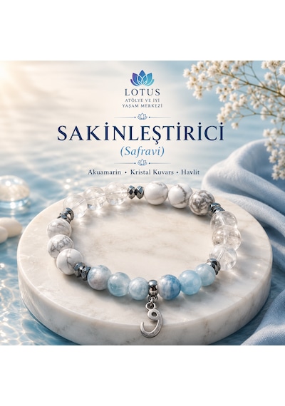 Sakinleştirici Safravi Doğal Taş Bileklik Akuamarin, Kristal Kuvars & Havlit