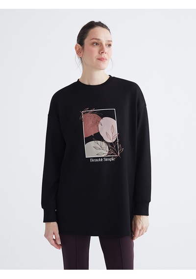 Lcw Everyday Siyah Bisiklet Yaka Baskılı Oversize Kadın Tunik