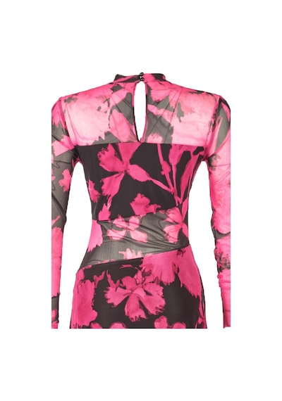 Explosion Uzun Kol Midi Şeffaf Elbise - Çiçek Desenli - Bohemian Stil Fuşya