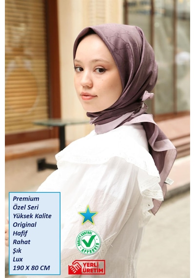 Premium Lux Original Monogram Şal İpek Vual, Yüksek Kalite, Hafif, Rahat, Şık, Tesettür, Shawl Mor - Çift Şeritli