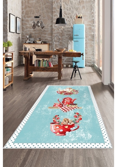 West Home Dijital Baskılı Yıkanabilir Kaymaz Taban Mutfak Halısı Wh 391 Turkuaz