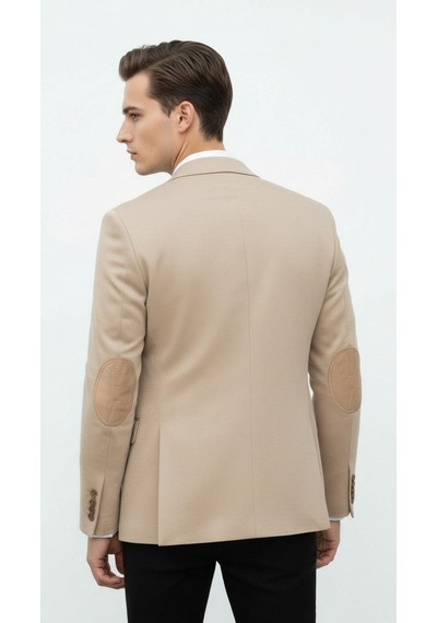 Plus Scorpion Bej Erkek İtalyan Kesim Blazer Ceket Kol Yamali, Slim Fit, Şık Ve Modern Tasarım Bej