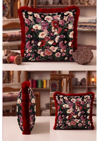 Çiçekli Bahar Tasarımlı Saçaklı Yastık Kılıfı - Romantik Floral Siyah Bordo Püsküllü Kırlent Kılıfı Puslu Düş Mira Çiçekli Bahar Tasarımlı Saçaklı Yastık Kılıfı - Romantik Floral Siyah Bordo Püsküllü Kırlent Kılıfı Puslu Düş Mira