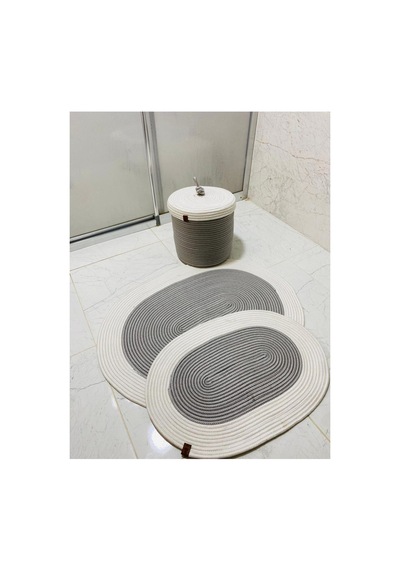 Jüt,hasır, 3 Lü Banyo Paspas Takımı, Bohem Tarzı Banyo Takımı,iskandinav Paspas/sepet Krem Gri Krem Gri
