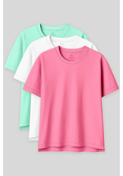 Oversize Fit Basic O Yaka 3lü Paket Su Yeşili-beyaz-şeker Pembe Kadın T-shirt 97285 Beyaz-şeker Pembe-su Yeşili