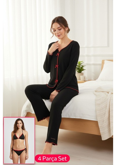 Angbutik Premium Kadın 4 Lü Fitilli Set Siyah Kırmızı Biyeli Pijama Üst, Pantolon, Bikini Takımı