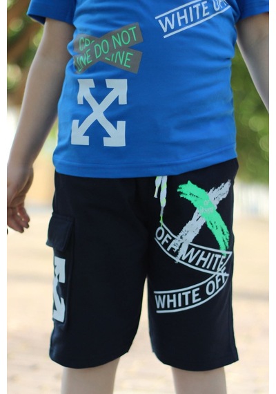 Off White Yazı Baskılı Kaprili Erkek Alt-üst Takımı Beyaz - Siyah