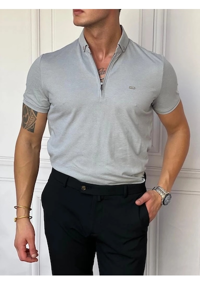 Modefendi Pamuk Likra Slim Fit Kalıp Bebe Yaka Fermuarlı Tshirt Gri Modefendi Pamuk Likra Slim Fit Kalıp Bebe Yaka Fermuarlı Tshirt Gri