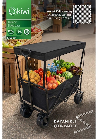 Kiwi KFW-391 Katlanabilir 120 KG Çift Tekerli Tenteli Kamp Piknik Plaj Pazar ve Market Arabası