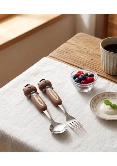 Sevimli Figürlü Premium Çocuk Bpa Free Paslanmaz Çelik Uçlu Çatal-kaşık Set 24+ Ay Kahverengi
