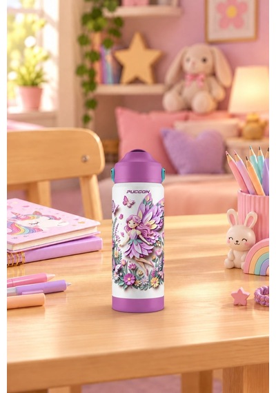 Puccon 540 Ml Sevimli Peri Kız Baskılı Mor Kız Çocuk Pipetli Çelik Termos Matara/suluk - 60059