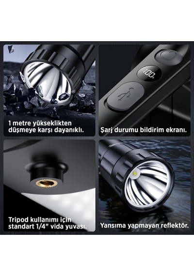 Philips Sfl3101s 10w 1000 Lümen Çift Aydınlatmalı 4 Modlu Tripod Uyumlu Omuz Askılı Projektör Led El Feneri Siyah