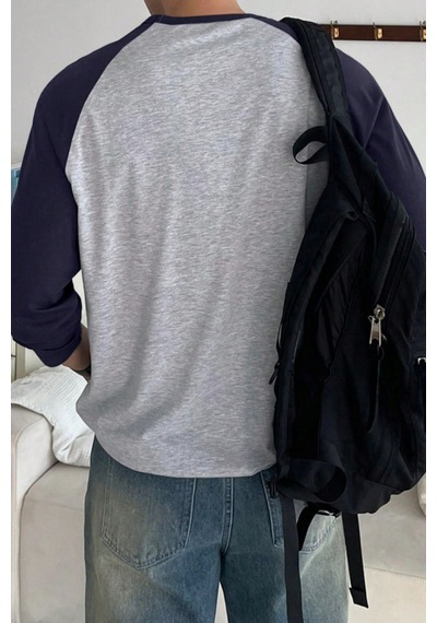 Tarz Cool Erkek Reglan Kol Uzun Kollu Basic Tişört Süprem %100 Cotton Bisiklet Yaka Rahat Kalıp Mavi