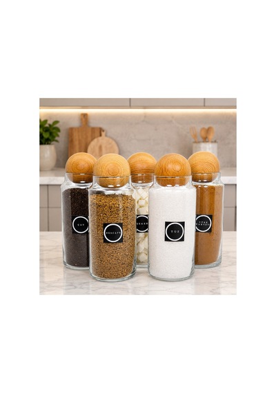 5'li Top Kapaklı Cam Çay Şeker Türk Kahvesi Tuz Kahve Saklama Kavanozu Seti 1400 Ml Etiket Hediyeli Çok Renkli