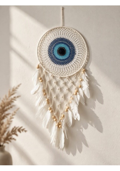 Nazar Motifli Düş Kapanı Rüya Kapanı Dream Catcher Beyaz Tüylü Bohem Duvar Süsü Bohem El Yapımı Düş Kapanı 53035216